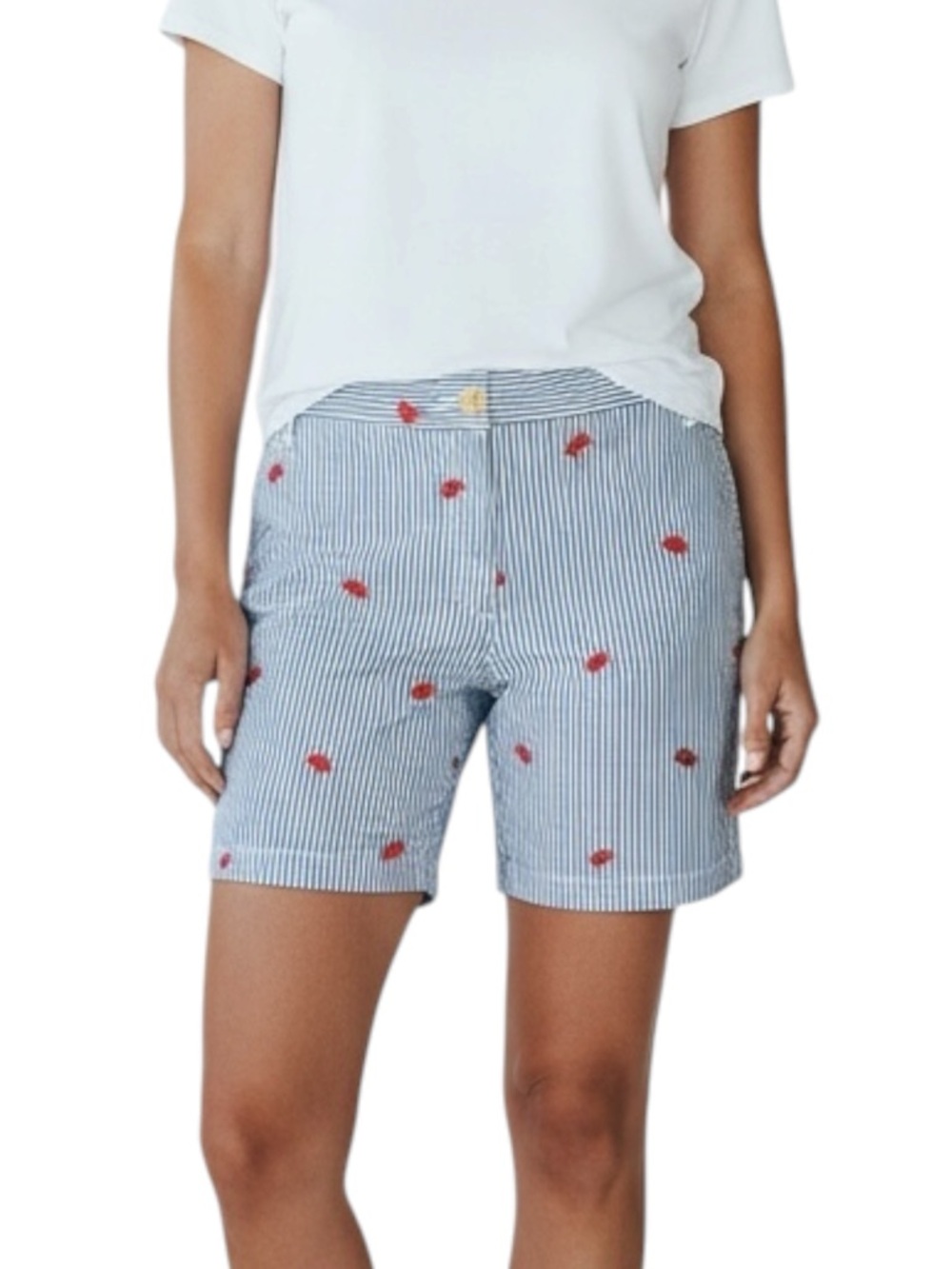 TALBOTS Pinstripe w/ Embroidered Crab Girlfriend Chino Shorts 4P PETIYE -- NWOT